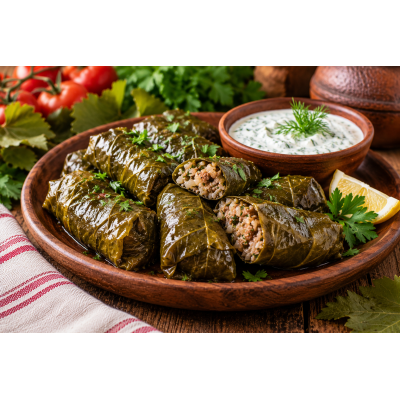Tolma Georgische gefüllte Weinblätter - Gefüllte Weinblätter oder Paprikaschoten mit Fleisch, Reis und Kräutern, häufig mit Knoblauch-Joghurt serviert.