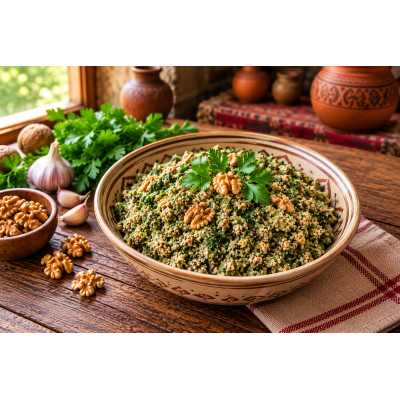 Ekala mit Walnüssen – Georgische Wildkräuter mit Walnusssauce (ეკალა ნიგვზით) - Ekala mit Walnüssen nach georgischer Art! Entdecken Sie das traditionelle Rezept mit Sarsaparilla, Knoblauch, Walnüssen und georgischen Gewürzen.